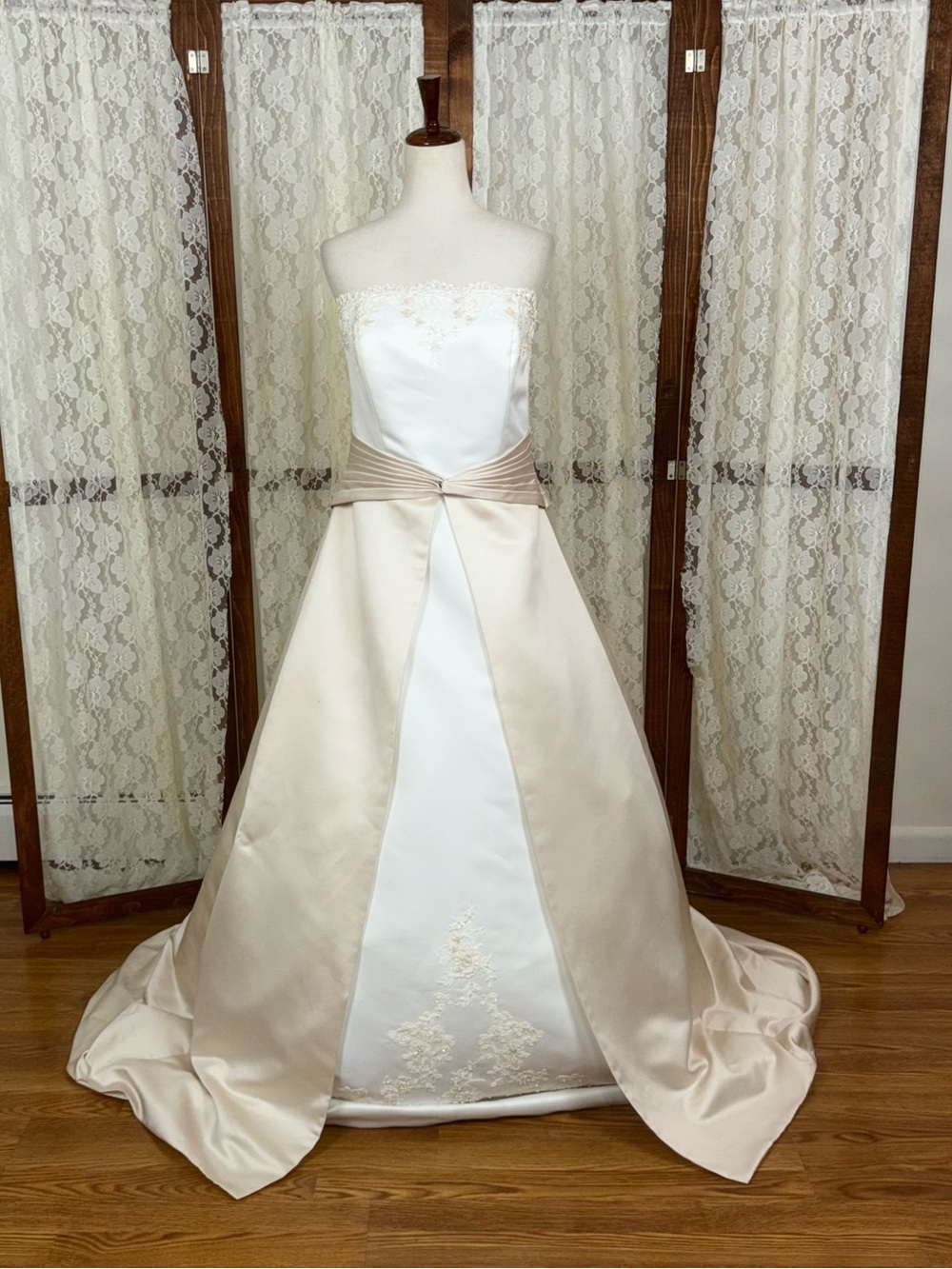 Beautiful Vintage 90s Michaelangelo Strapless Two-Tone Satin Wedding Gown